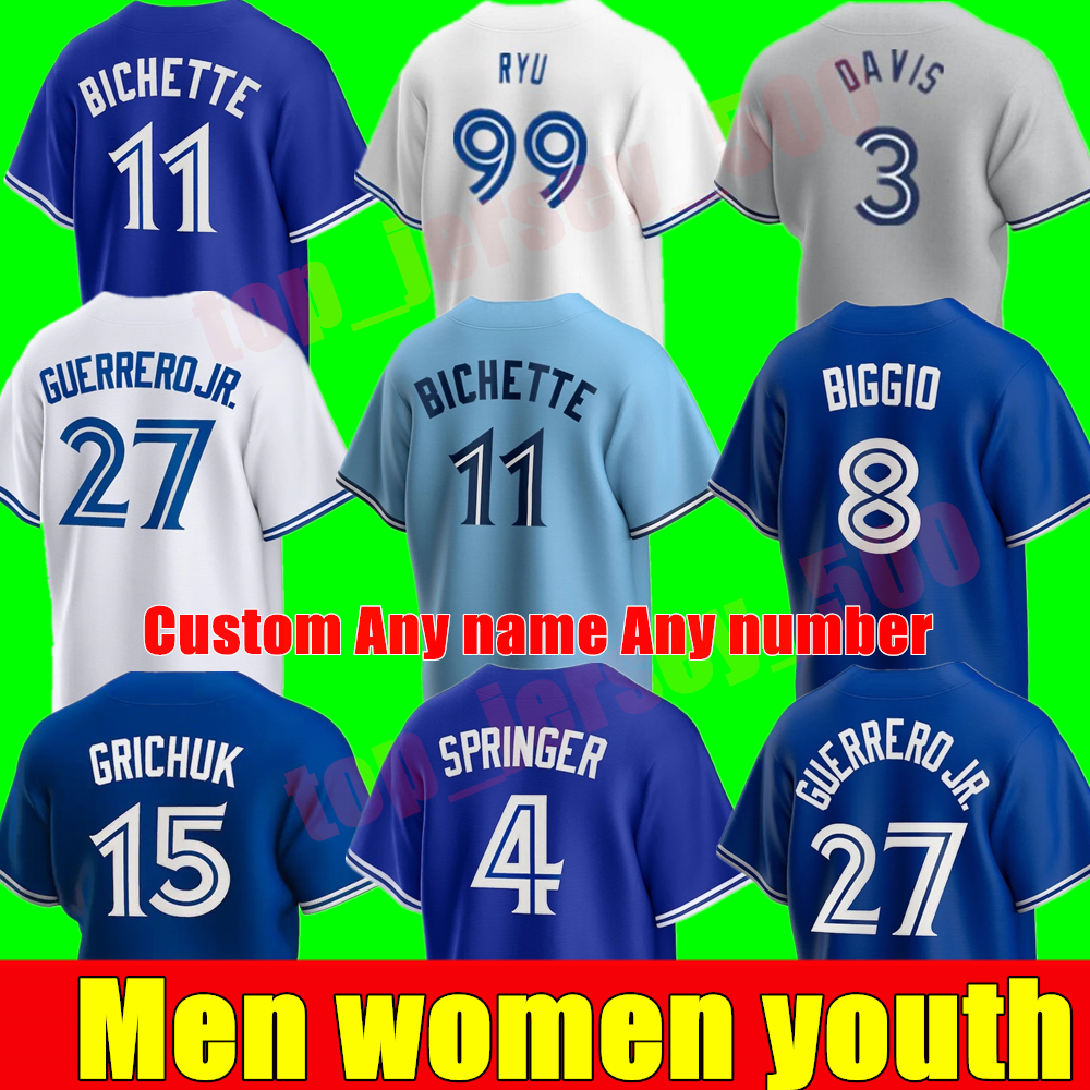 

2021 Men Women Youth kids Toronto Jersey Blue Jays Vladimir Guerrero Jr. Cavan Biggio Hyun-Jin Ryu Yamaguchi Randal Grichuk Drury Hernandez George Springer jerseys, As shown in illustration
