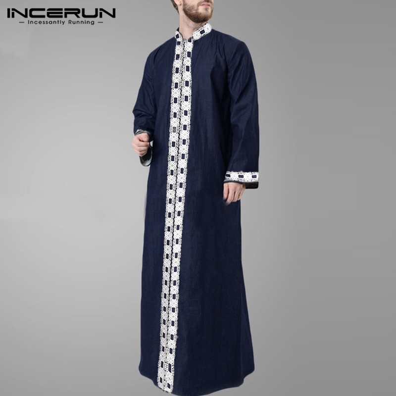 

Islamic Arabic Kaftan Men Muslim Patchwork Long Sleeve V Neck Middle East Jubba Thobe Fashion Robes Clothes INCERUN S-5XL 7, Navy