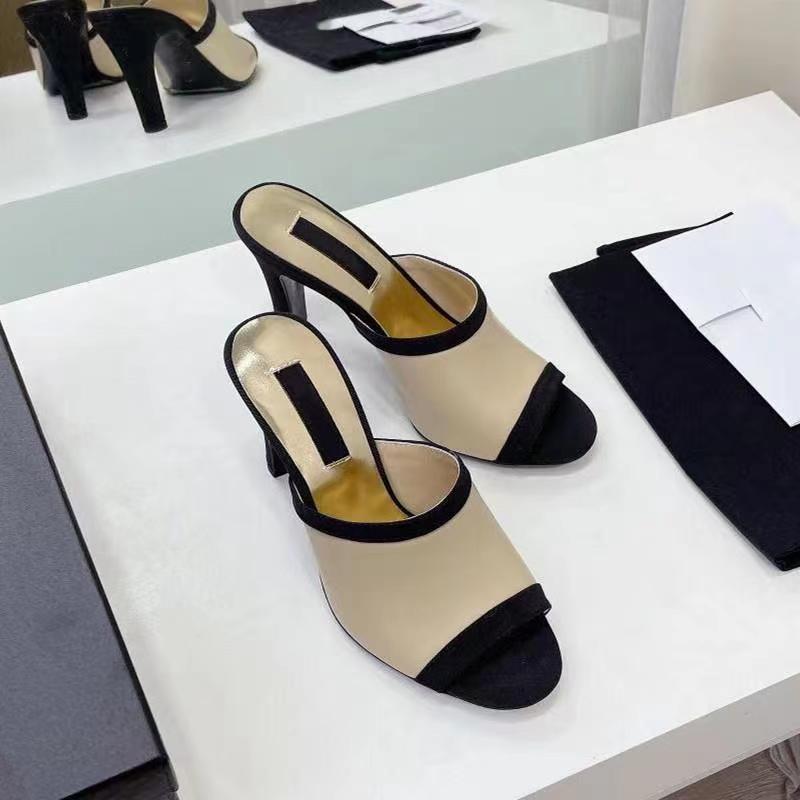 

Classic Mules Women Heels Open Toe Genuine Leather Mesh Patchwork Slides Runway Designer Shoes Women Luxury Brand Chic Slippers, Black