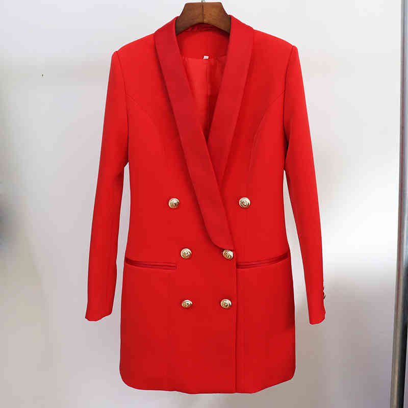 

TOP QUALITY est Designer Blazer Jacket Women's Lion Buttons Double Breasted Satin Shawl Collar Long Brazer 210521, Red