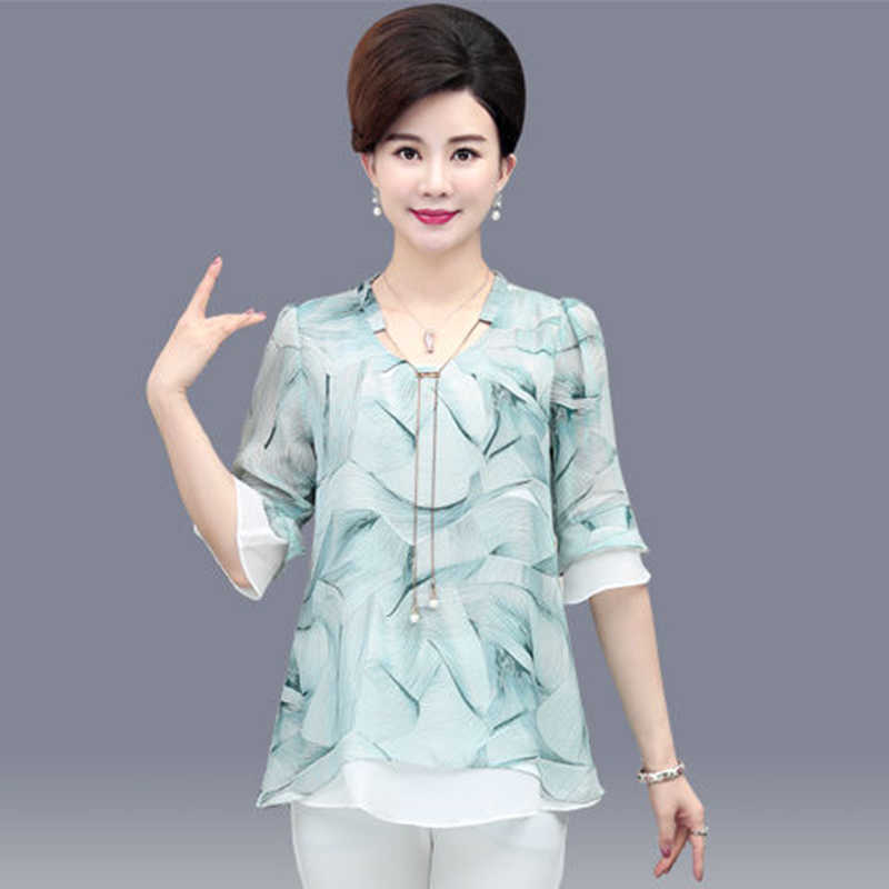 

Women Casual Summer Style Chiffon Blouses Shirts Lady Loose Multi-layer Flower Printed Blusas Tops DF2873 210609, Gray