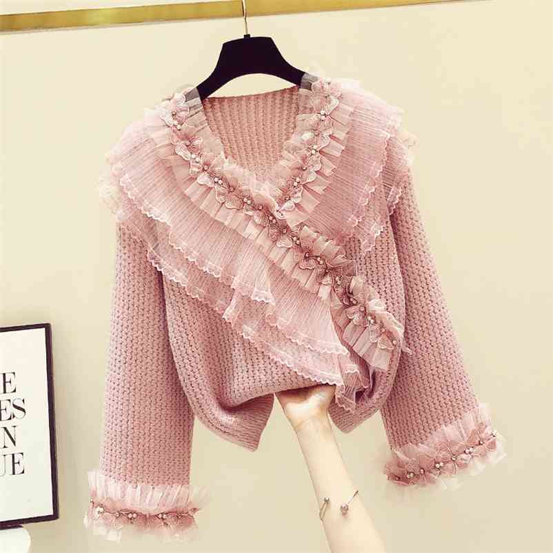 

Autumn Winter Women's Sweater V Neck Flower Beading Ruffles Long Sleeves Sweaters Womens Knitting Tops A4387 210519, Beige