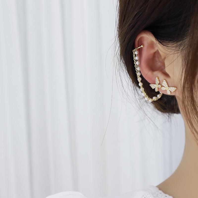 

Stud Korean Selling Fashion Jewelry Copper Inlaid Zircon Butterfly Pearl Tassel Ear Bone Clip Asymmetric Female Earrings