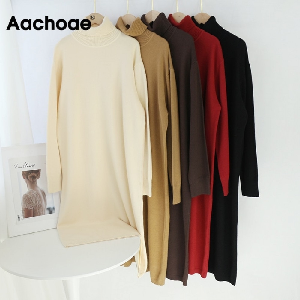 

Base Casual Solid Midi Dress Women Turtleneck Batwing Long Sleeve Loose Knitted Dress Leisure Straight Dress Femme Robe, Camel