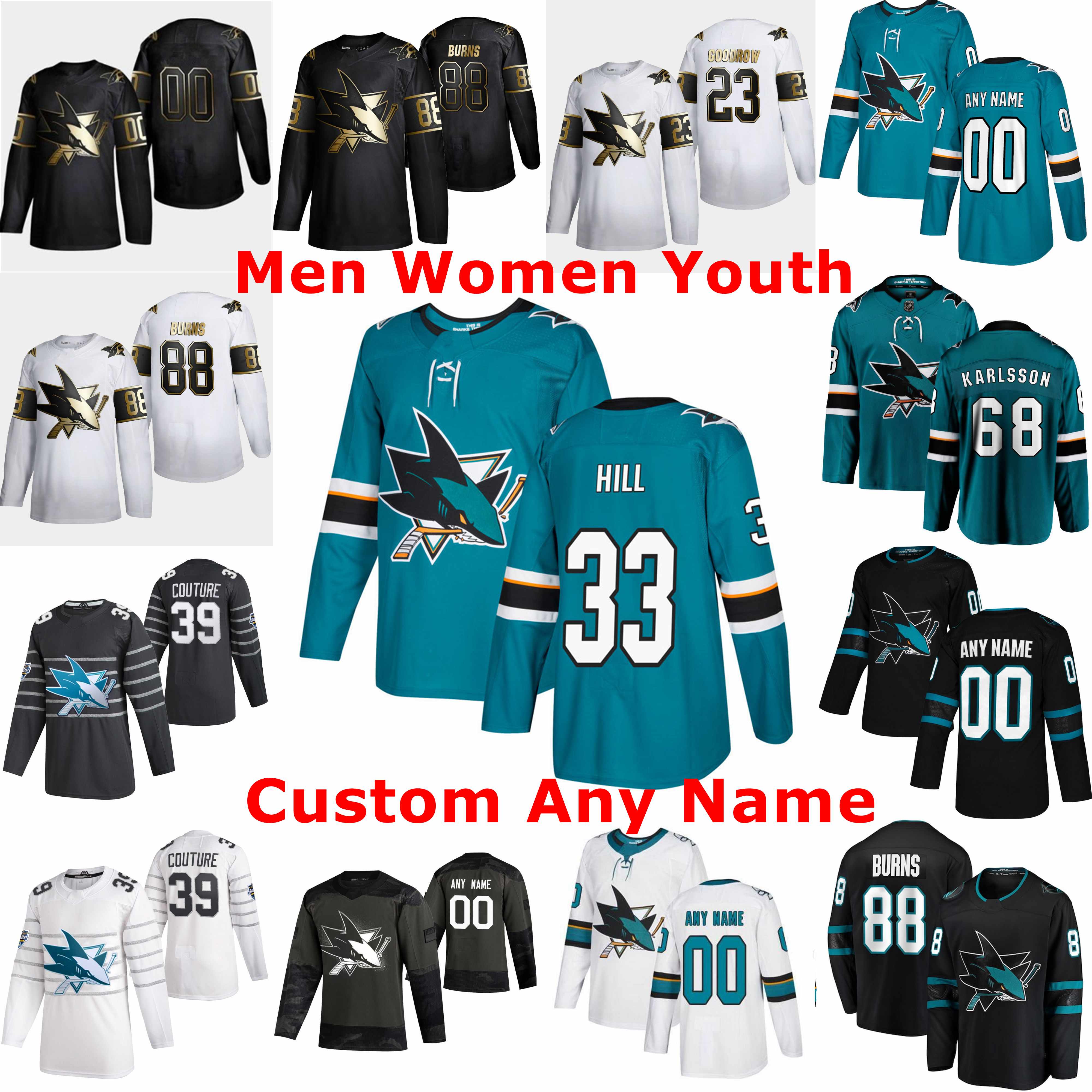 

San Jose Sharks Hockey Jerseys Adin Hill Jersey Patrick Marleau Brent Burns Logan Couture Evander Kane Tomas Hertl Erik Karlsson Joe Thornton Custom Stitched, Womens white away