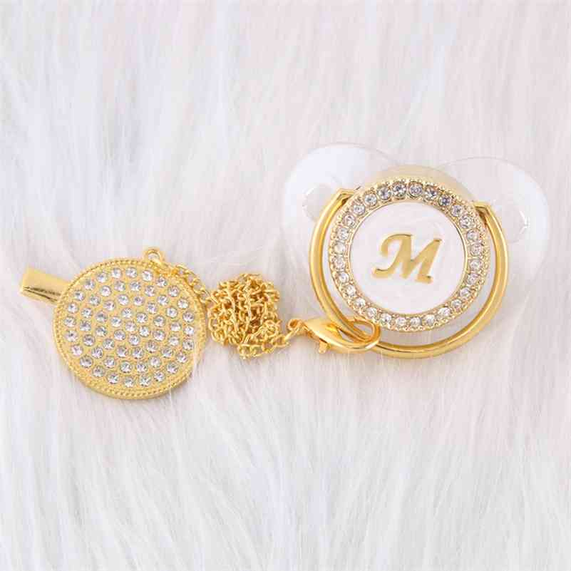 0-12 Months Luxury 26 Initials Rhinestones Transparent Bling Baby Pacifier And Chain Clip Chupete de bebe BPA Free Dummy Nipples 210407