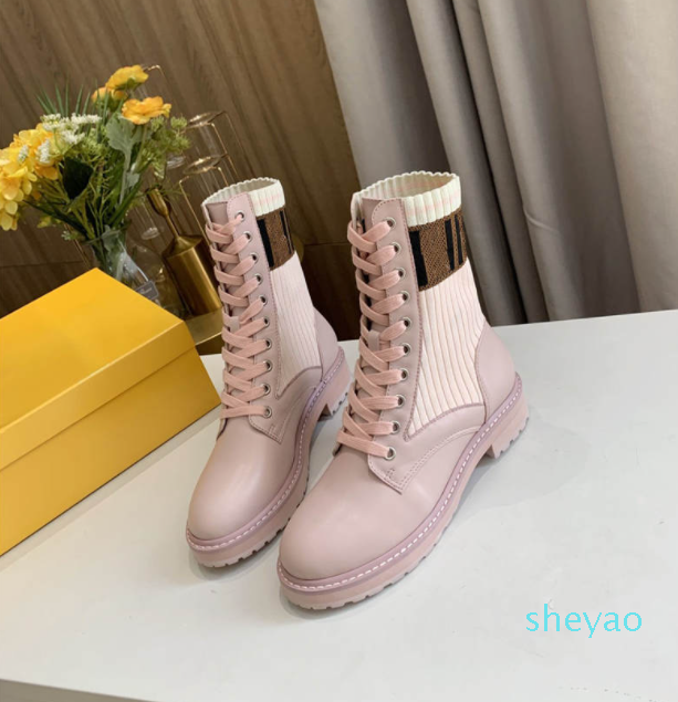 

Hot "Rockoko" Combat Boots In Pink Leather Motif Sock Knit For Girl With Box