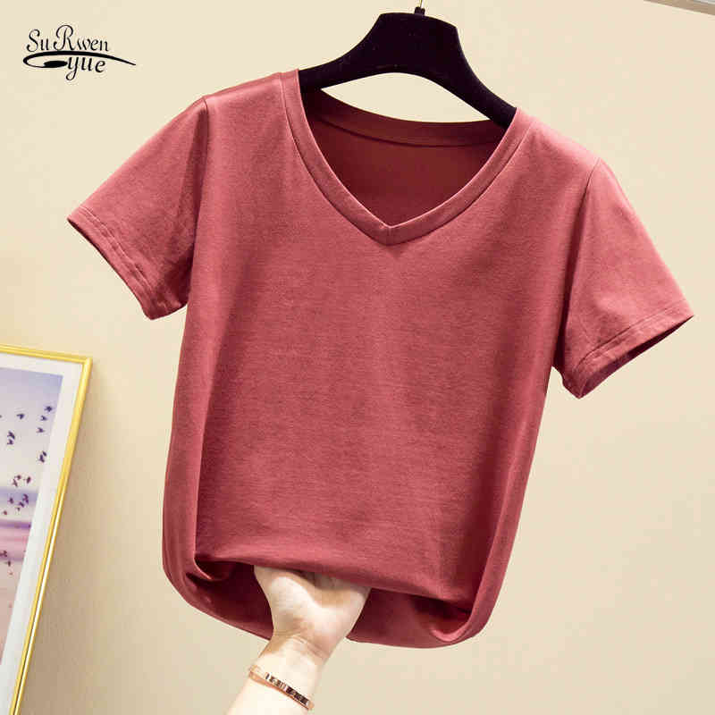 

Casual Plus Size Tshirt Summer Women Cotton T Shirt Solid 8 Colors V-color Short Sleeve -5XL Shirts Ladies Tops 9486 210521, White
