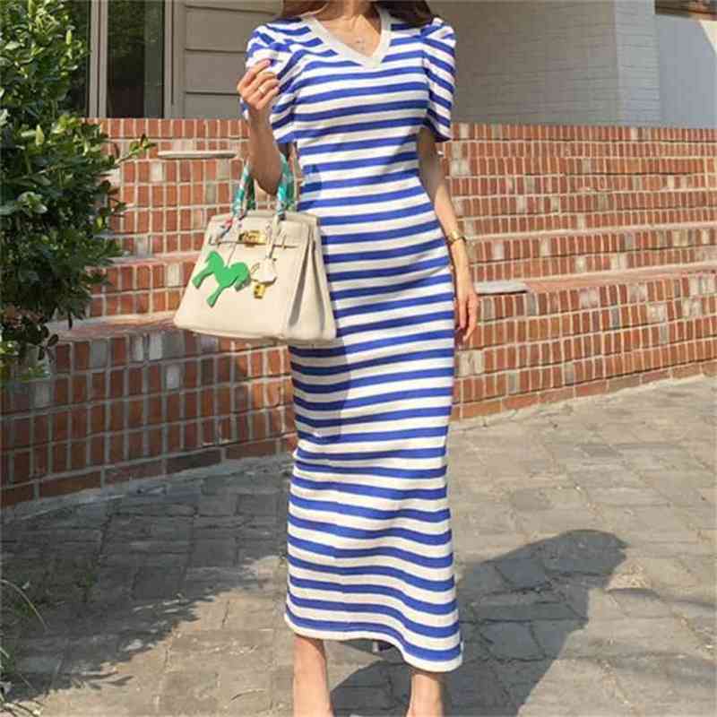 

Elegant Casual Stripe Long Dress Summer Fashion Women' V-Neck Puff Short Sleeve Bodycon Sexy Split Slim 210519, Photo color
