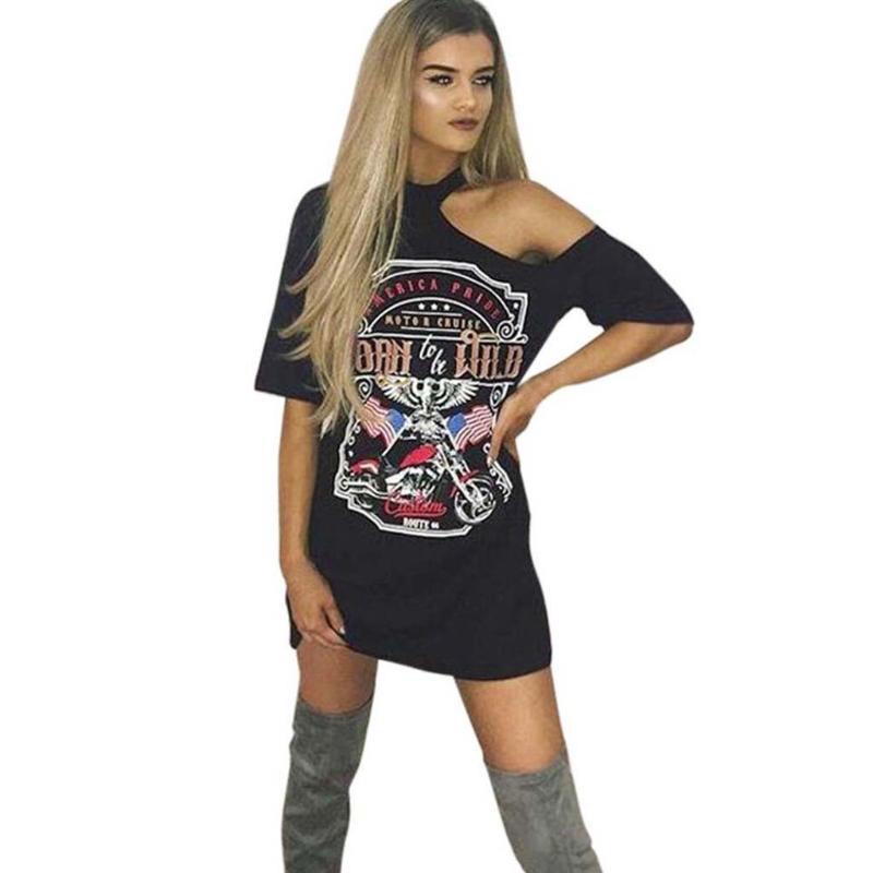 

Casual Dresses Shirt Off Shoulder Dress Summer Women Punk Rock Style Printed Cartoon Hip-hop Club Party Mini Vestidos Woman Tshir, As pic