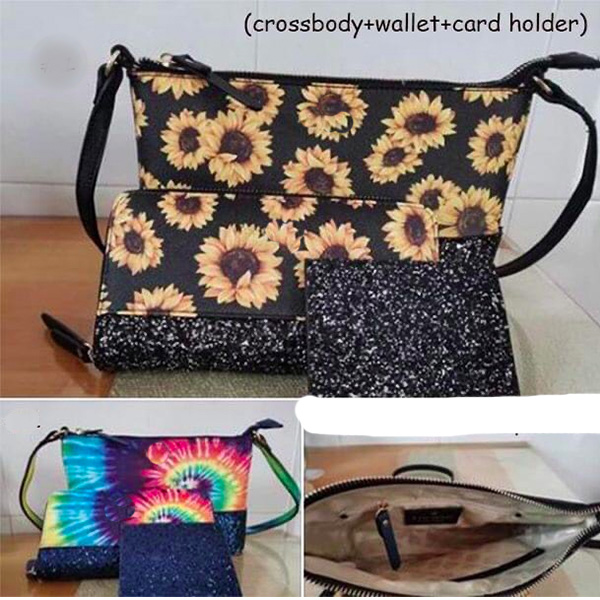 

Women sunflower print fashion crossbody bag with wallet leopard glitter tie dye mint leather message purse, Red;black