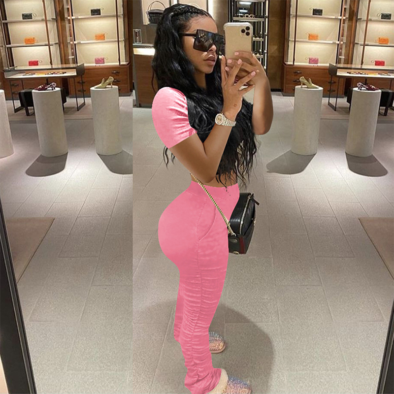 

Women's Two Piece Pants Outfits Short Sleeve Crop Top Shirts Drawstring Ruched Skinny with Pockets Jogger Sets Solid Color, Customize