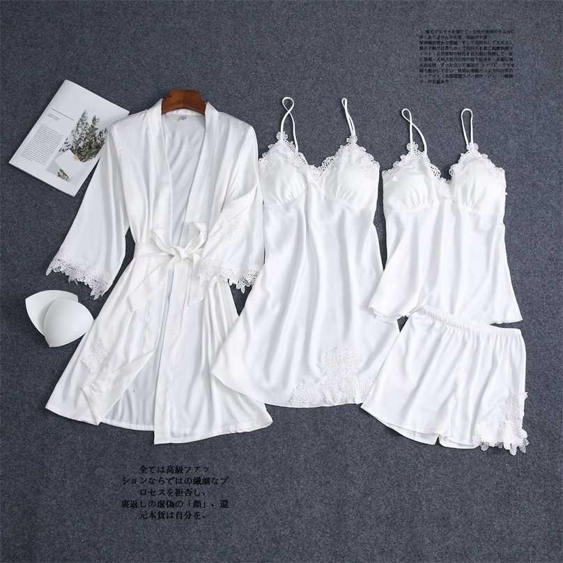 

Satin Sleepwear Female with Chest Pads Sexy Women Pajamas Lace Slik Sleep Lounge 4 Pieces Sets Elegant Ladies Indoor Clothing 211106, Gray 2pcs