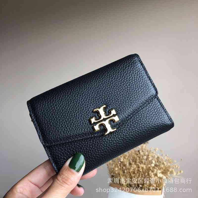 Tb Solid Color Litchi Grain Cowhide Three Fold Wallet Contrast Short Buckle Zero Large Cash Slot