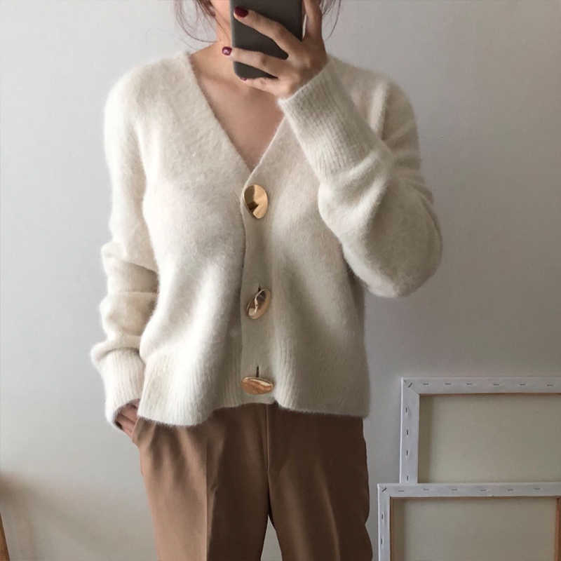 

Ly Varey Lin Winter Women Golden Button Woolen Open Stitch Sweater Female Warm Elegant V Neck Single Breasted Cardigan Coat 210526, Beige