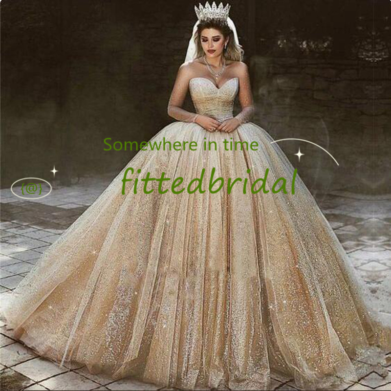

Custom Made Beautiful Sparkle Wedding Dresses Dubai Bling Sweetheart Spring Bridal Gowns Plus Size Vestidos, Champagne