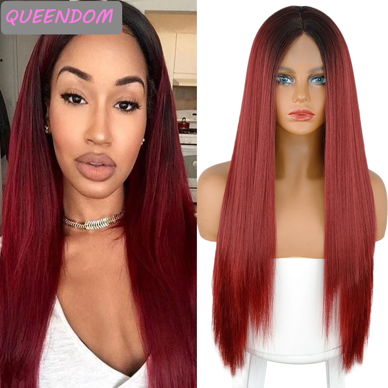 

red long straight lace front wig omber burgundy synthetic lolita lace wigs heat resistant fiber lolita middle part wig for women, Black