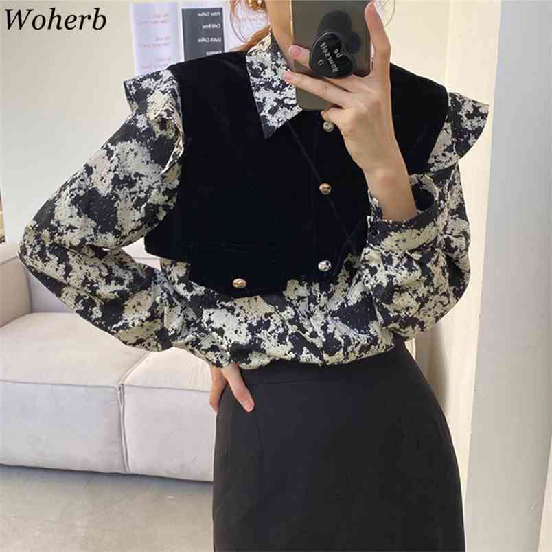 

Spring Women Fashion Two Piece Sets Turn Down Collar Long Sleeve Loose Shirt Print Blouse Vintage Vest 2 Set 210519, Black flower