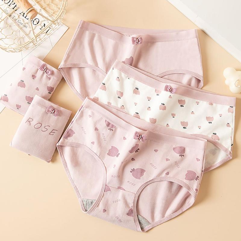 

Women's Panties Pink Rose Flower Letter Bow Underwear Cotton Female Underpants Middle-waist Briefs Soft Sexy Women Lingerie