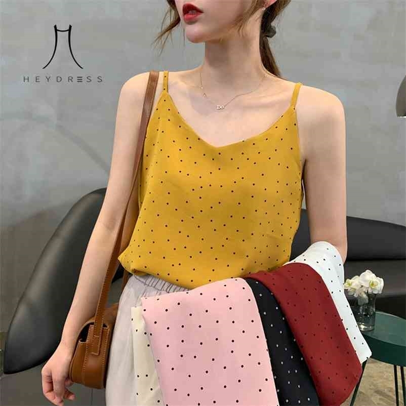 

Summer Fresh Style Chiffon Camis Women Fashion V Neck Sleeveless Backless Dot Print Adjust Tanks Female Sexy Bottom Top Tee 210517, Black