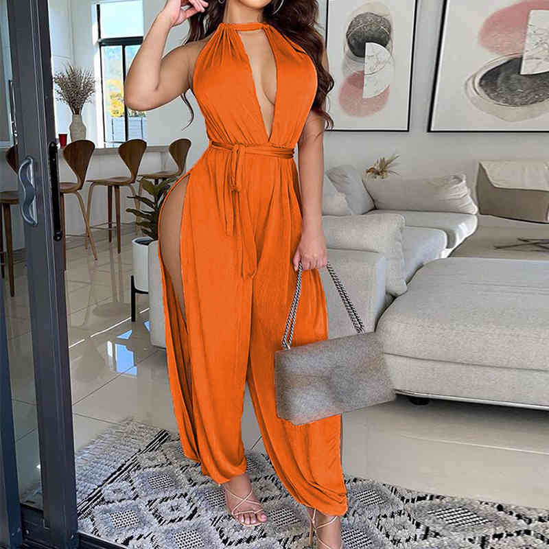 

Fashion Summer Sleeveless Solid Jumpsuit Sexy Backless Deep V Neck Romper Clubwear Women Elegant Wide Leg Lace-up Belt Playsuits 210521, Orange