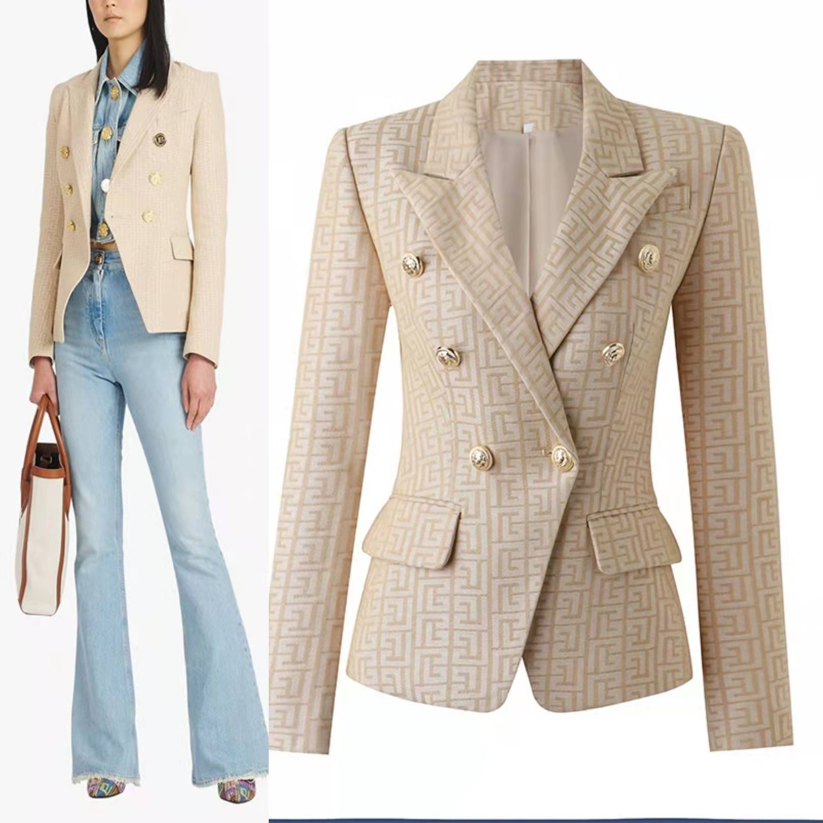 

Spring high quality retro print double-breasted lion button blazer, Beige
