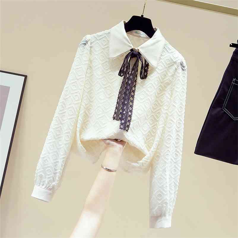 

Autumn Women's Long Sleeves Lace Bow Turn Down Collar Shirts Girls Ladies Shirt Blouse Tops A4087 210519, Beige