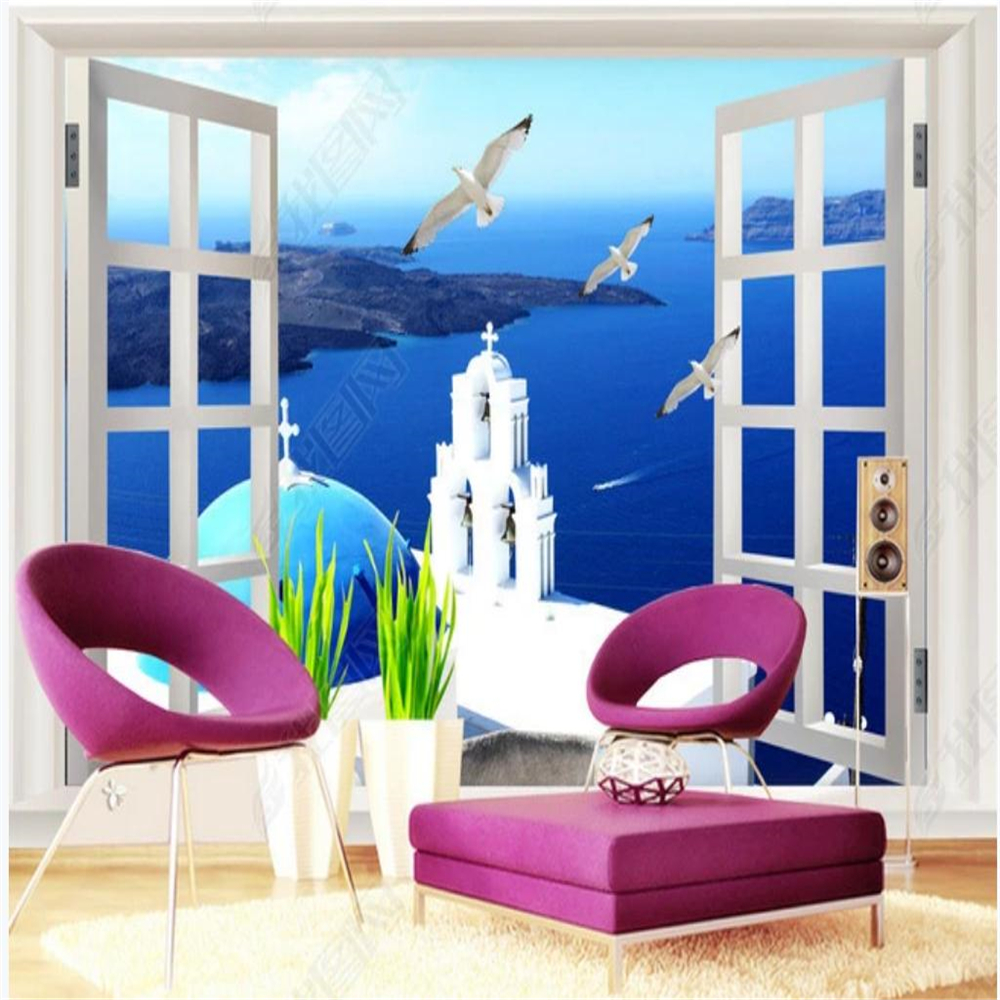 

Photo customized wallpaper 3D stereo window Aegean sea wallpapers background wall, Blue