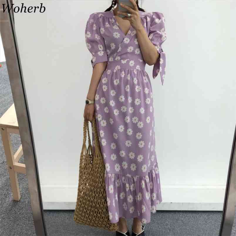 

Korean Floral Printed Dress for Women Elegant V-neck A Line Vintage Puff Sleeve Dresses Ladies Sweet Long Robe Vestidos 210519, Black