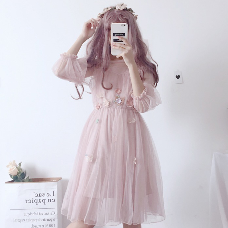 

summer japanese lolita lace dress soft kawaii floral vintage flowers women clothing sweet pleated femme two piece sets, Black;gray