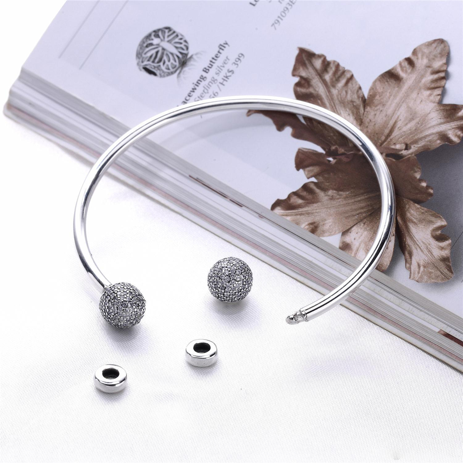 

Wholesale Romantic 925 Sterling Charm Silver Open Bangle with Clear Cz Pave Ball Fits European Jewelry Charm Bracelets