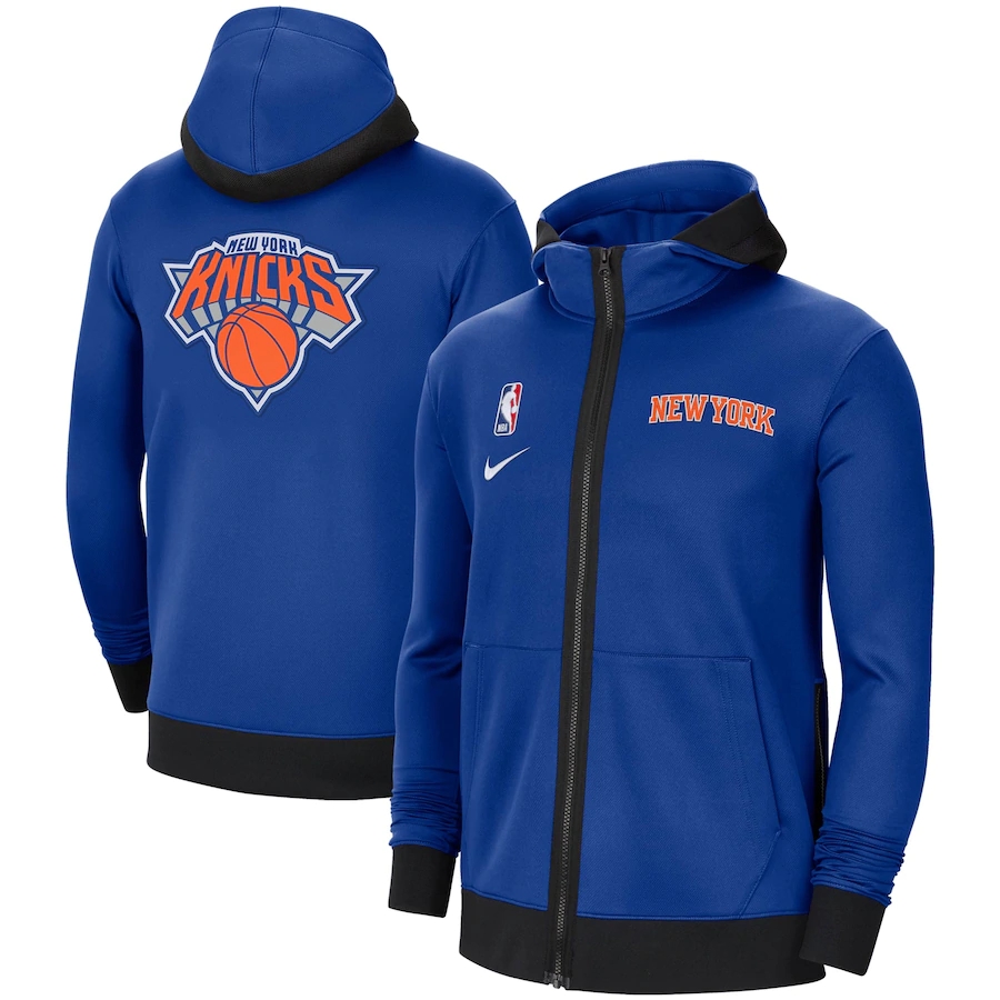 

New YorkKnicksMEN Blue Authentic Showtime Performance Basketball Full-Zip Hoodie Jacket high quality