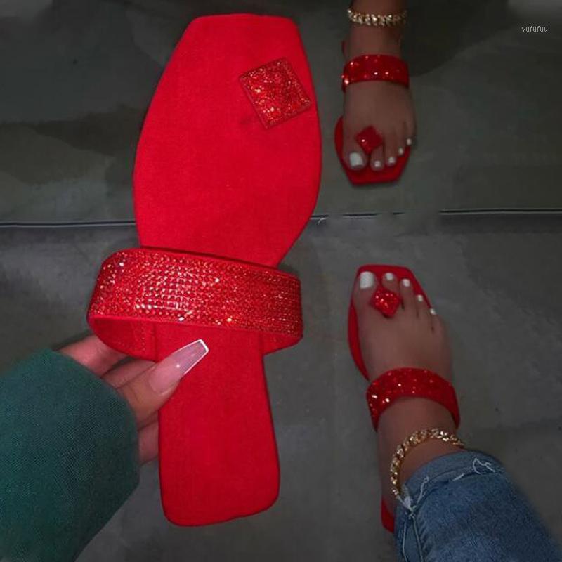 

Slippers Women Flat Ladies Clip Toe Bling Crystal Woman Square Casual Comfortable Flip Flops Women's Slides Female Shoes1 7V51, Red
