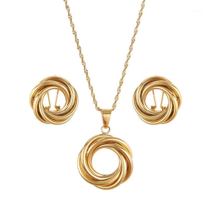 

Earrings & Necklace 2Pcs Gold Jewelry Sets Round Circle Pendants Chains Necklaces Clip For Women Girls Africa Party Jewels, As pic
