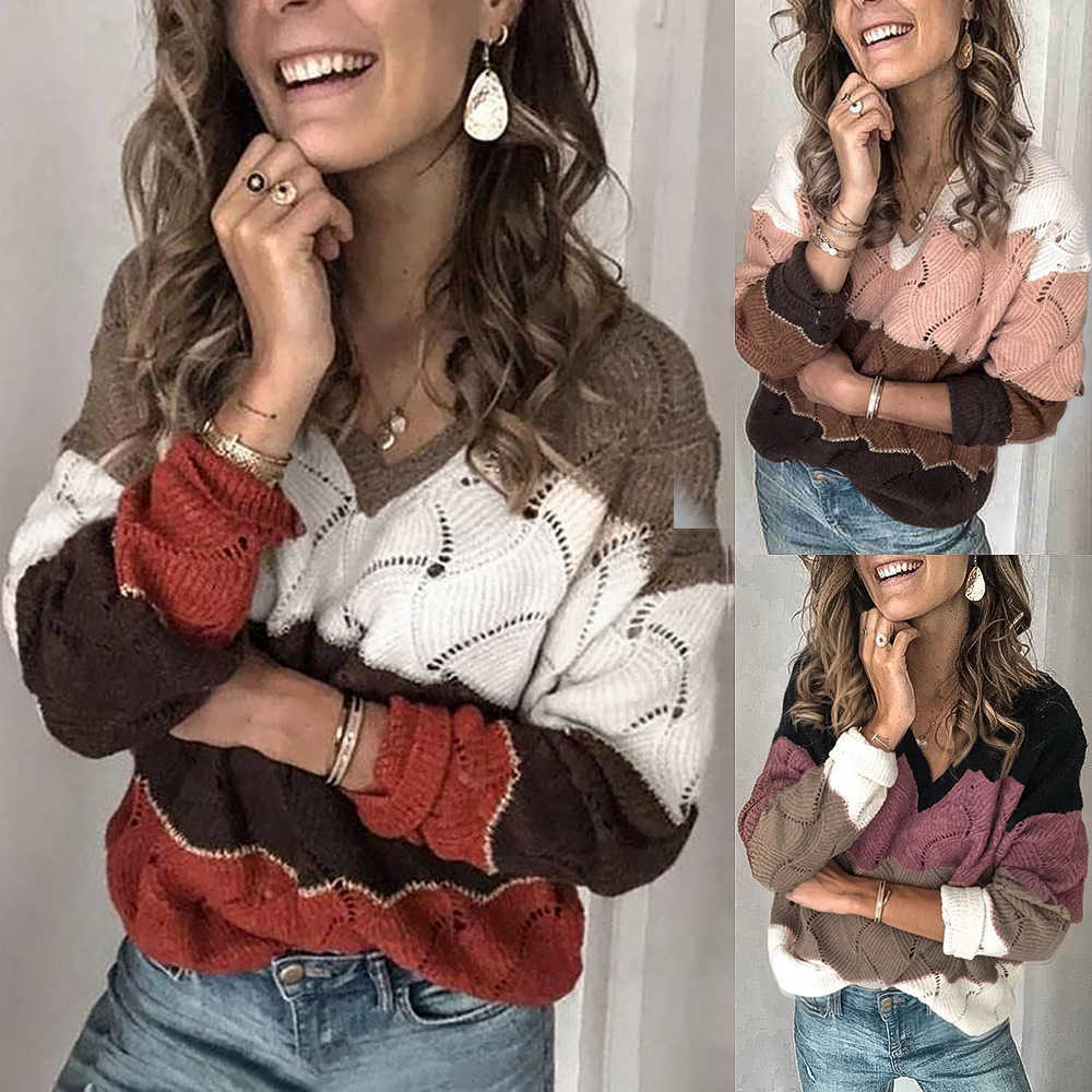 

Autumn Casual Loose Multi Color Splicing Knitted Sweaters Sexy Hollow V-Neck Long Sleeve Sweater Femme Fashion Jumpers Plus Size 210526, Purple