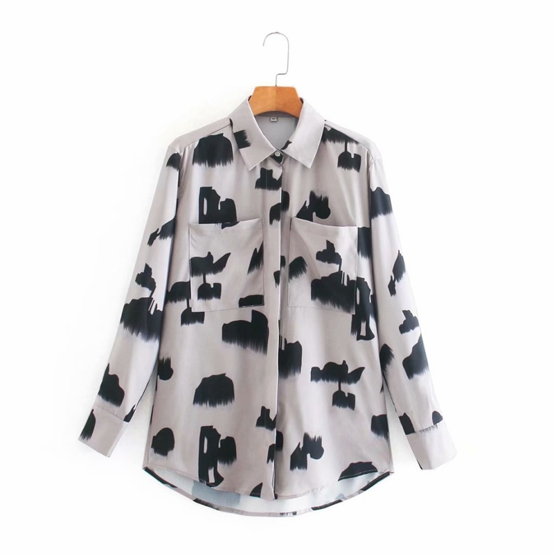 

Spring Casual Printed Blouse Women Long Sleeve Turn Down Collar Pockets Loose Street Tops Office Lady Shirts NX9767 210525, Gray