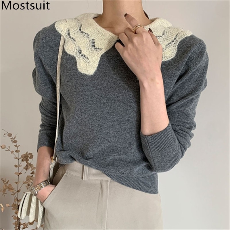 

Korean Elegant Knitted Sweater Jumpers Women Spring Full Sleeve Big Collar Pullovers Fashion Vintage Female Tops Femme 210518, Grey