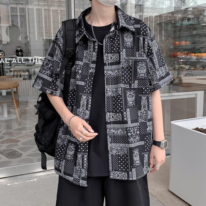 

Summer Short Sleeve Hawaiian Shirt Men Loose Cashew Flower Printed Coat Hiphop Streetwear Tops Male Clothes Camisa Masculina Men's Casual Sh, Black