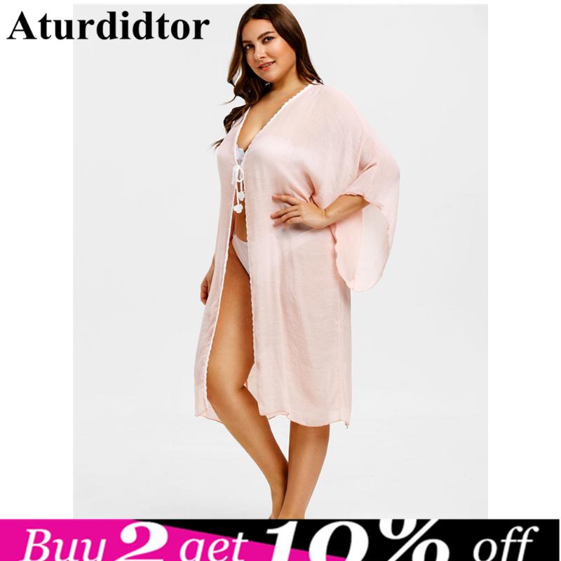 

Plus Size Summer Bikini Ups Long Cover Up Women V Neck Lace Crochet See Through Loose Tops Shirts Beachwear Blusas Femininas Sarongs