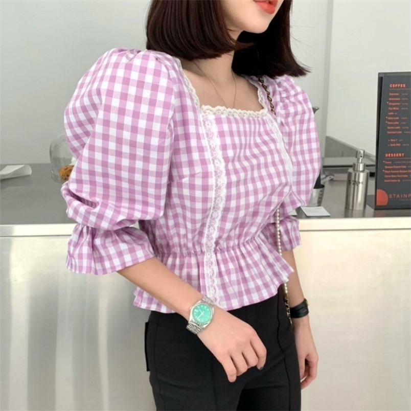 

Vintage Sweet Plaid Casual Shirt Female Summer Women Puff Sleeve Blouses Femme Blusas Korean Chic Fashion 210519, Photo color