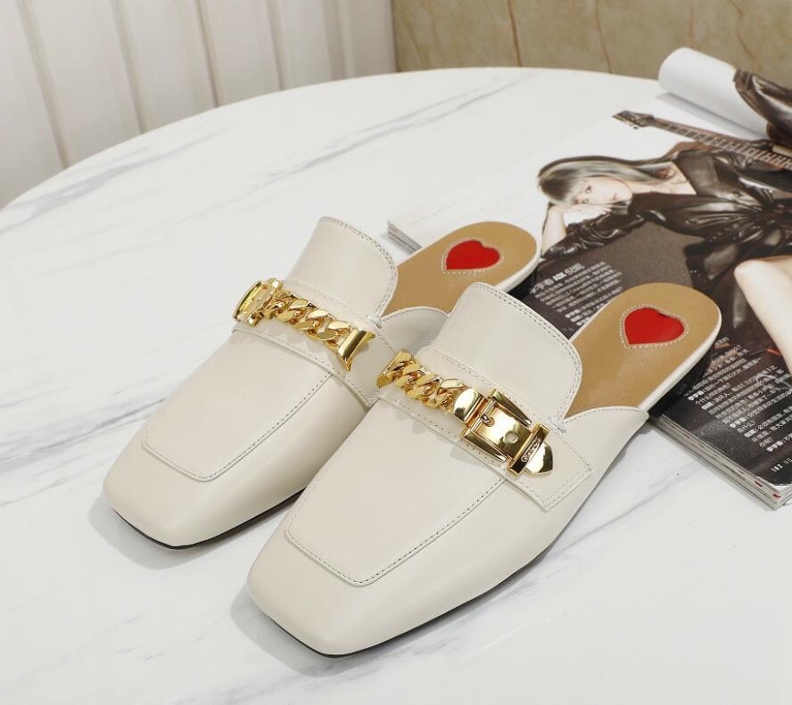 

Women Designer Square Head Chain Slippers Top Quality Leather Luxury Half Dragged Fashion Simple Versatile Low Heel Non-slip Casual, Black