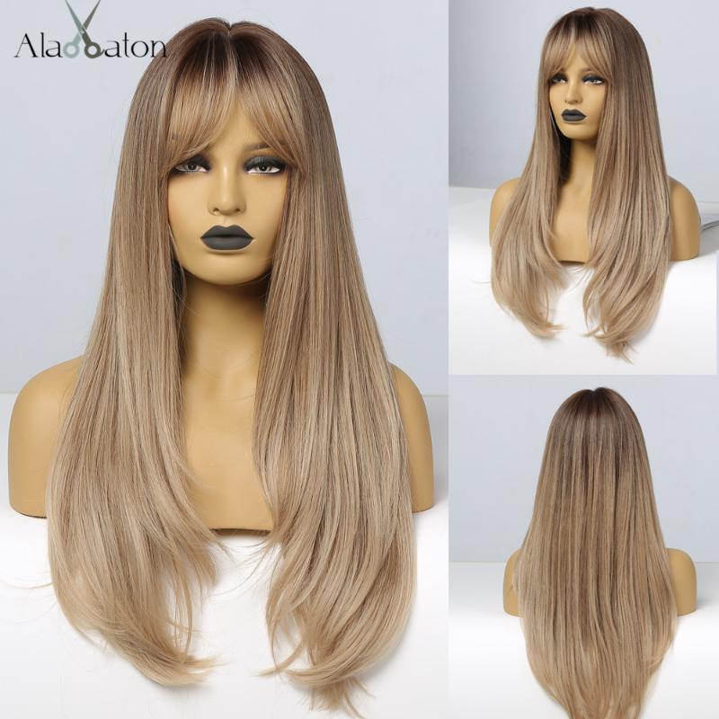 

Synthetic Wigs ALAN EATON Long Straight Hair With Bangs For Woman Ombre Black Brown Light Golden Heat Resistant Cosplay
