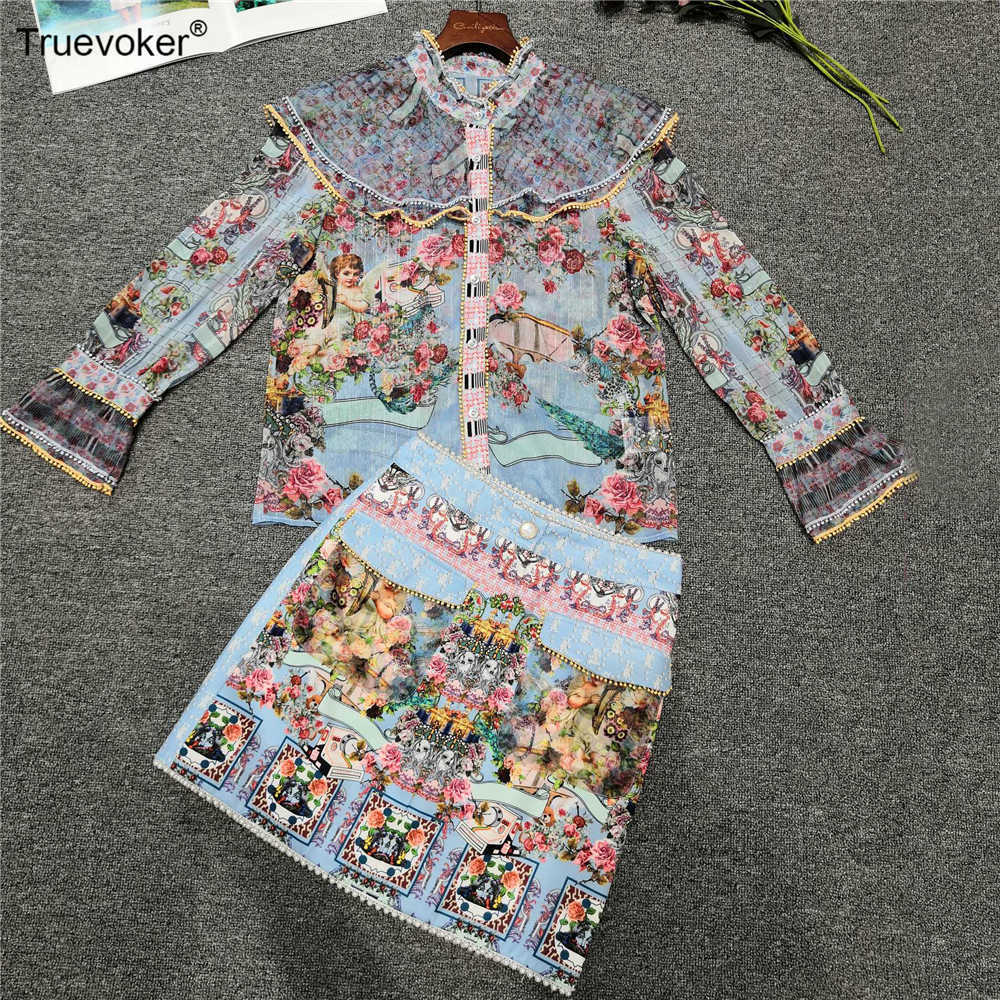 

Truevoker Autumn Runway Fashion Sets Suit' Print Lace Beading Tops With Pearl Skirt Two Pieces 210602, Sky blue