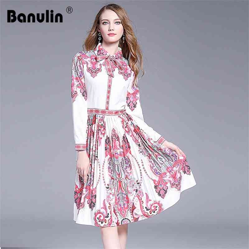 

Banulin Runway Designer Autumn Dress Women's Long Sleeve Casual Holiday Pink Floral Print Slim Pleated Elegant 210603