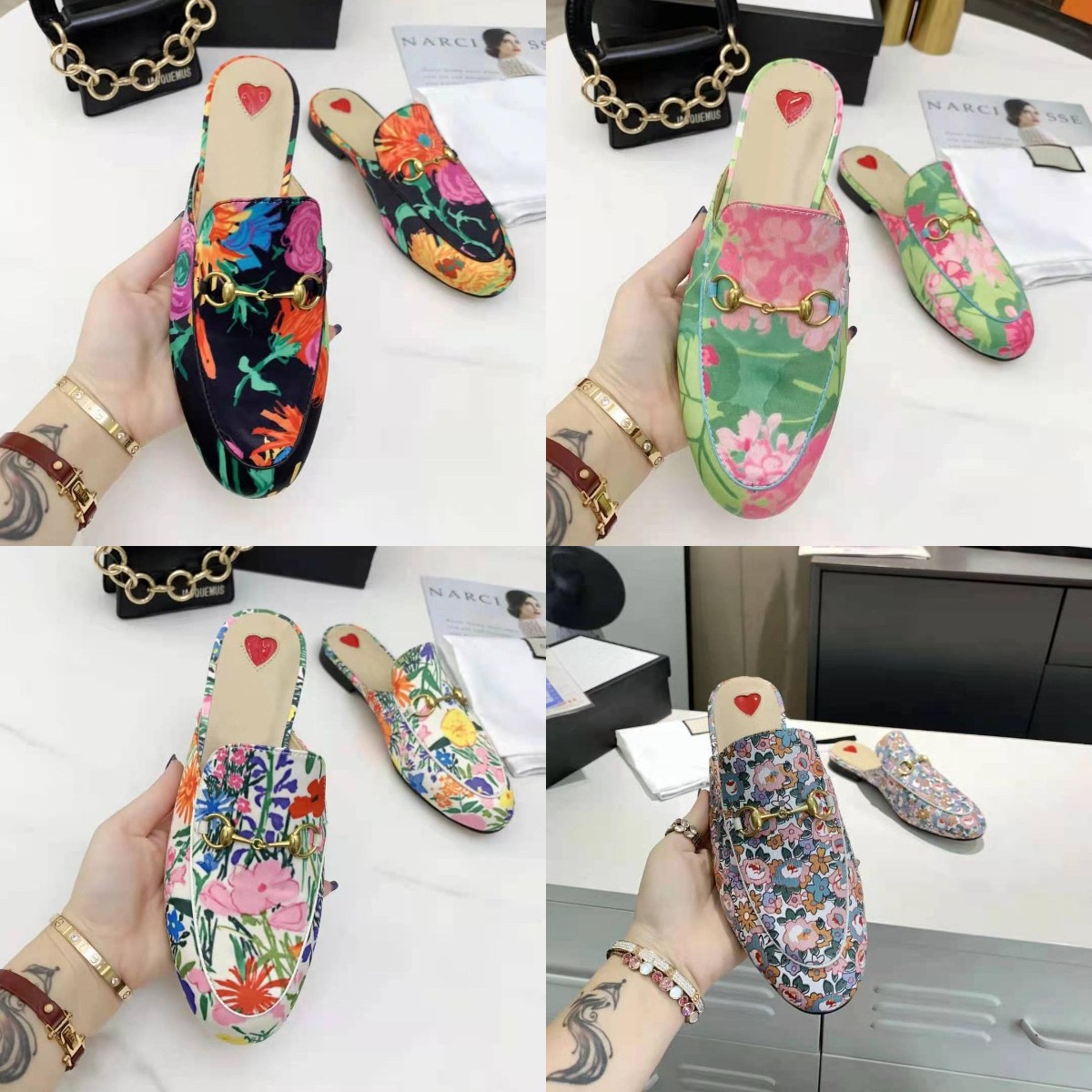 

Colorful Flower Language Series Slippers Designer Women Summer Princetown Lace Mules Loafers Genuine Leather Flats With Buckle Snake Pattern top qaulity Slipper, 18