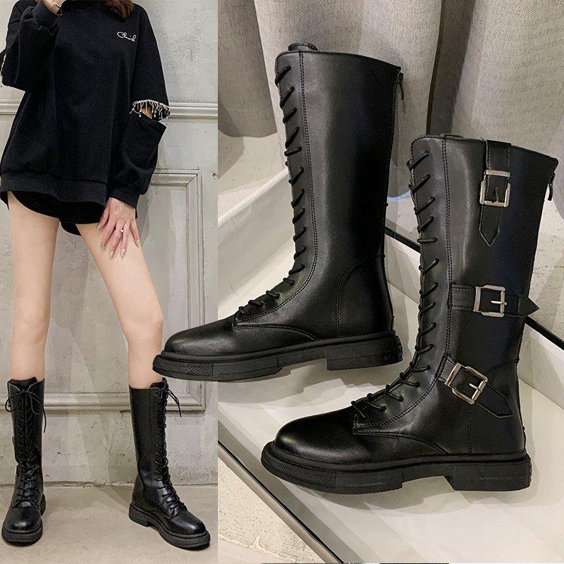 

Boots Goth 2021 Winter Flats Belt Buckle Fashion Women Mid-Calf Snow Motorcycle Platform Warm Wedges Shoes Mujer Zapatos, Black