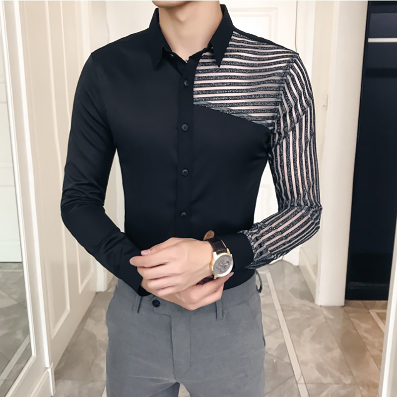 

See Through Lace Hollow Men Shirt Long Sleeve Spring Mens Shirts Casual Slim Fit Night Club chemise homme, White;black