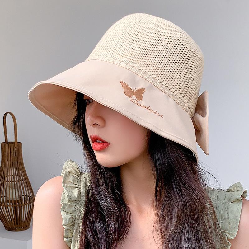 

bucket hat Women's Korean stitching bow embroidered fisherman's with large eaves for sun protection and UV, Brick red