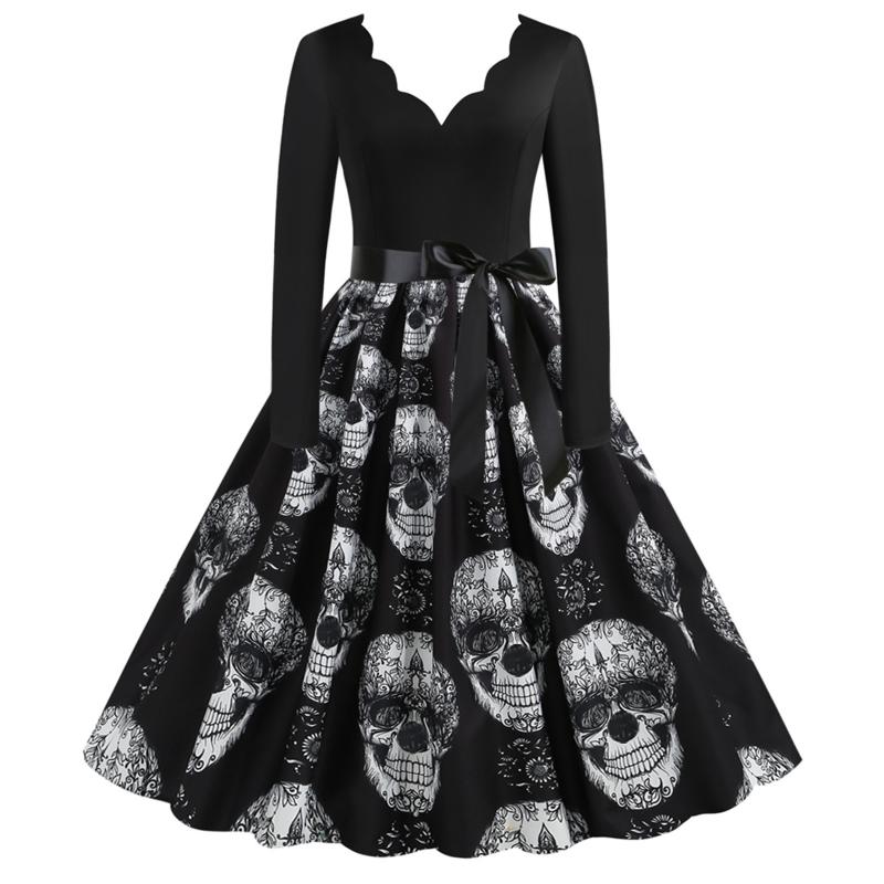 

Casual Dresses Vintage Women Long Sleeve Midi Dress Halloween Skull Pirnt Sexy Wave V-neck Housewife Evening Party #T2G, Black;gray