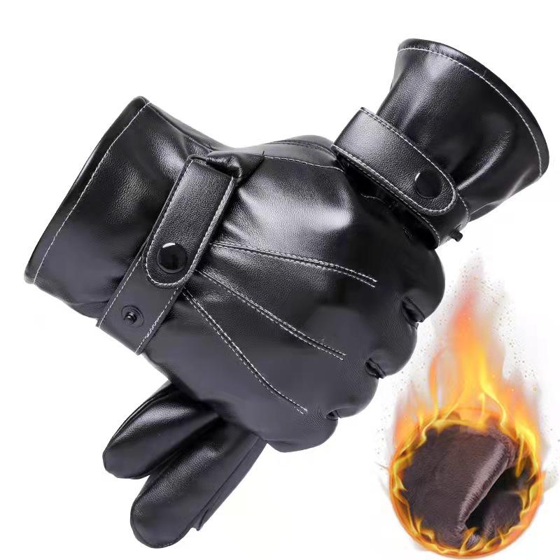 

Five Fingers Gloves Winter Men' Thickened PU Leather Cycling Windproof Warm Super Fashionable Touch Screen Glove, Blue;gray